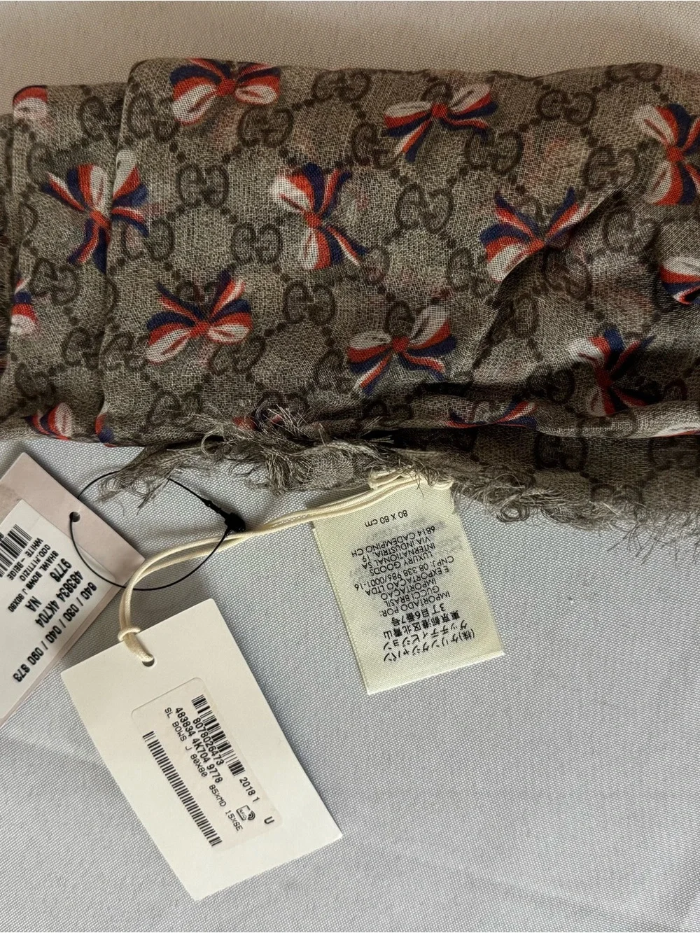 Gucci Beige Brown Monogram Shawl with Red White Blue Bow Accents
